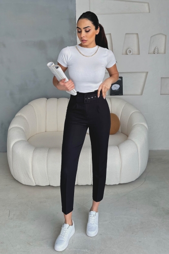 PNT-07366 Siyah Kemerli Atlas Kumaş Havuç Model Pantolon - 2
