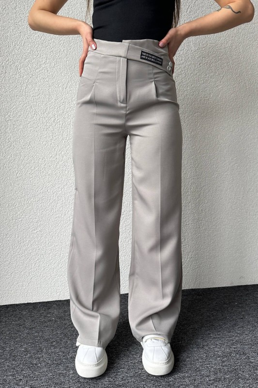 PNT-07367 Gri Bel Etiket Detaylı Palazzo Kumaş Pantolon - 1