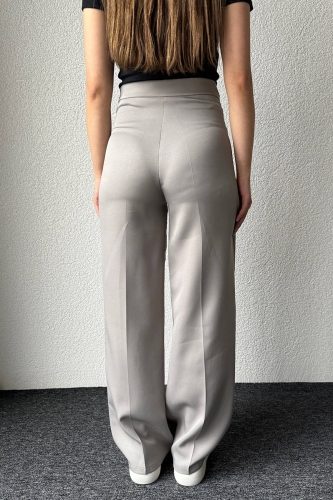 PNT-07367 Gri Bel Etiket Detaylı Palazzo Kumaş Pantolon - 4