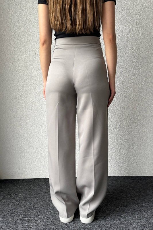 PNT-07367 Gri Bel Etiket Detaylı Palazzo Kumaş Pantolon - 4