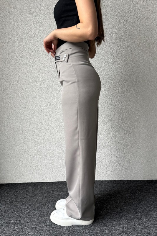 PNT-07367 Gri Bel Etiket Detaylı Palazzo Kumaş Pantolon - 3