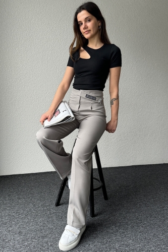 PNT-07367 Gri Bel Etiket Detaylı Palazzo Kumaş Pantolon - 2