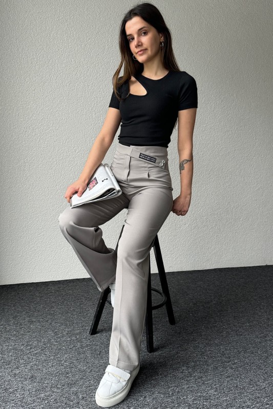 PNT-07367 Gri Bel Etiket Detaylı Palazzo Kumaş Pantolon - 2