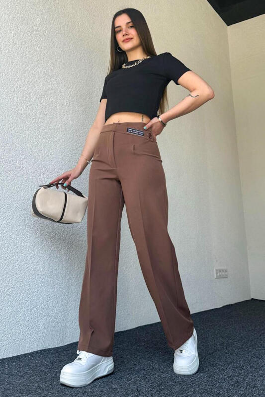 PNT-07367 Kahverengi Bel Etiket Detaylı Palazzo Kumaş Pantolon - 2