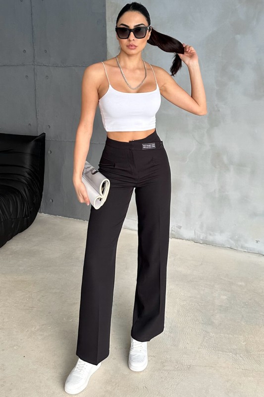 PNT-07367 Siyah Bel Etiket Detaylı Palazzo Kumaş Pantolon - 1