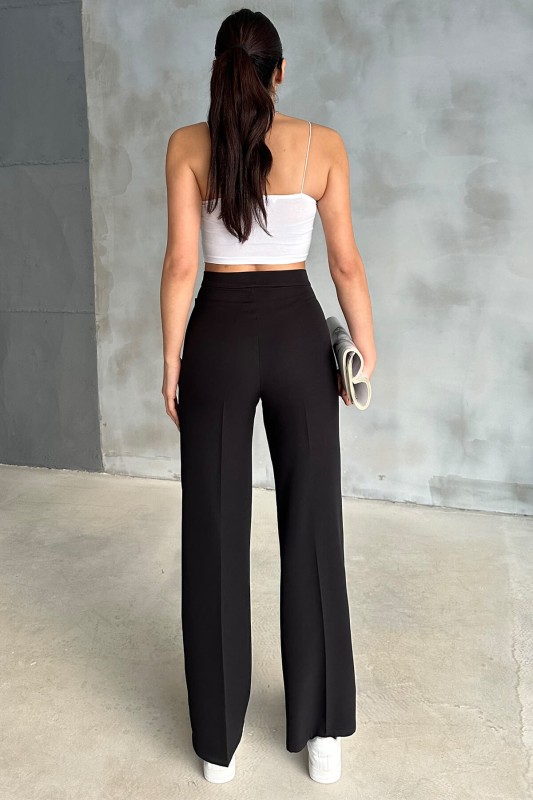 PNT-07367 Siyah Bel Etiket Detaylı Palazzo Kumaş Pantolon - 6