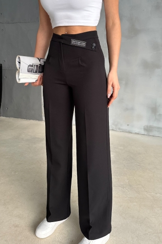 PNT-07367 Siyah Bel Etiket Detaylı Palazzo Kumaş Pantolon - 3