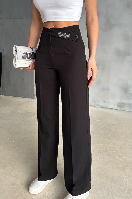 PNT-07367 Siyah Bel Etiket Detaylı Palazzo Kumaş Pantolon - 3