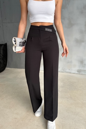 PNT-07367 Siyah Bel Etiket Detaylı Palazzo Kumaş Pantolon - 2