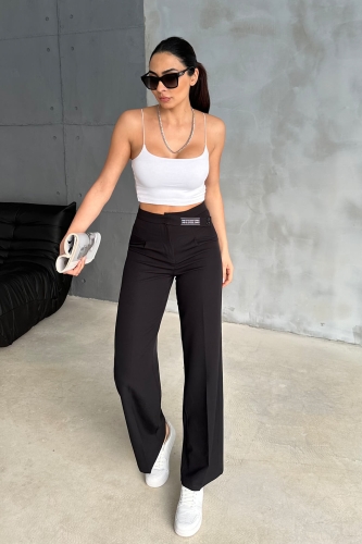 PNT-07367 Siyah Bel Etiket Detaylı Palazzo Kumaş Pantolon - 4