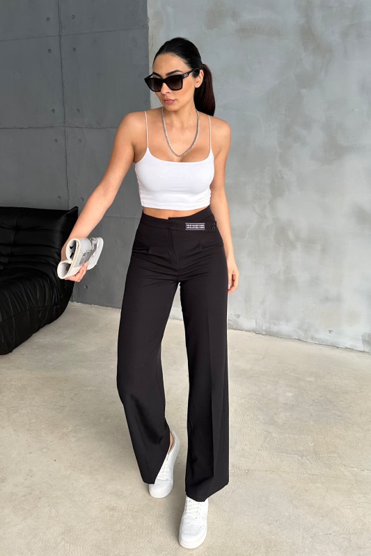 PNT-07367 Siyah Bel Etiket Detaylı Palazzo Kumaş Pantolon - 4