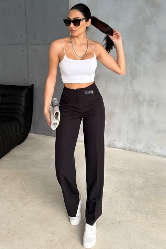 PNT-07367 Siyah Bel Etiket Detaylı Palazzo Kumaş Pantolon - 5