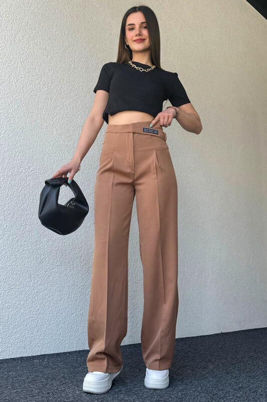 PNT-07367 Vizon Bel Etiket Detaylı Palazzo Kumaş Pantolon - 3