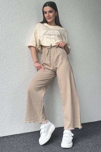 PNT-07379 Taş Rengi Paça Püsküllü Bel Lastik Ve İp Detay Keten Kumaş Salaş Pantolon 