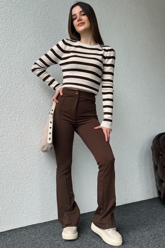 PNT-07381 Kahverengi Çimalı İspanyol Paça Crep Kumaş Pantolon - 1