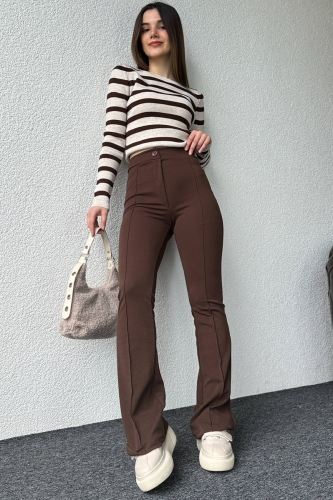 PNT-07381 Kahverengi Çimalı İspanyol Paça Crep Kumaş Pantolon - 4