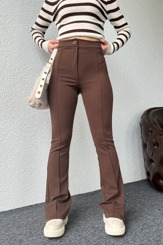 PNT-07381 Kahverengi Çimalı İspanyol Paça Crep Kumaş Pantolon - 2