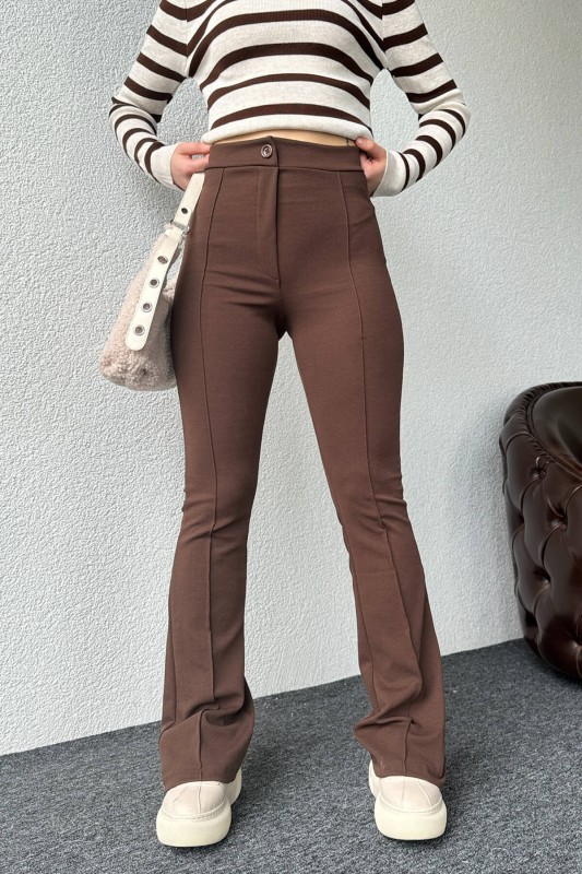 PNT-07381 Kahverengi Çimalı İspanyol Paça Crep Kumaş Pantolon - 2