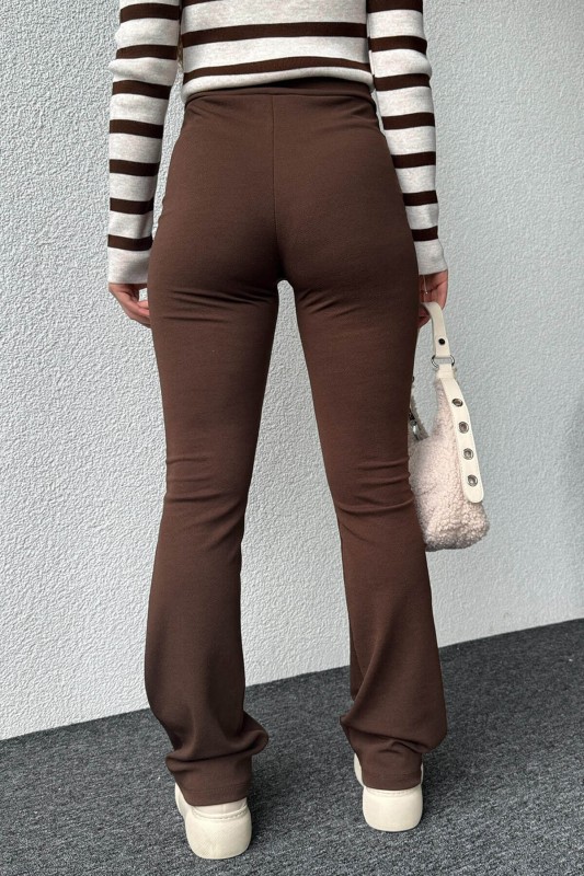 PNT-07381 Kahverengi Çimalı İspanyol Paça Crep Kumaş Pantolon - 7