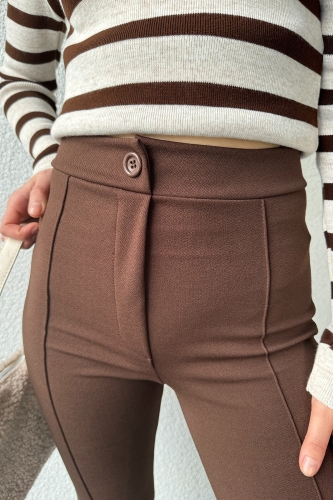 PNT-07381 Kahverengi Çimalı İspanyol Paça Crep Kumaş Pantolon - 3