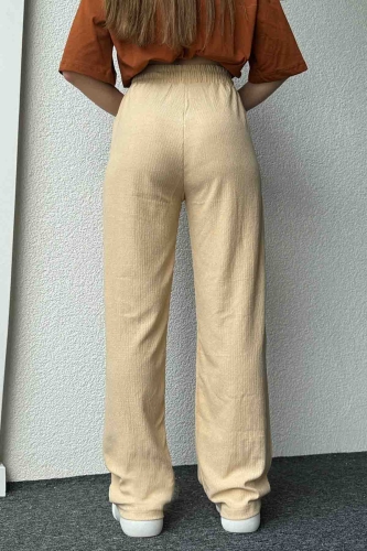 PNT-07383 Bej Rengi İpli Lastikli Bürümcük Kumaş Salaş Pantolon - 5