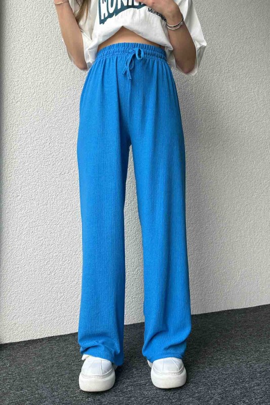 PNT-07383 Mavi İpli Lastikli Bürümcük Kumaş Salaş Pantolon - 1