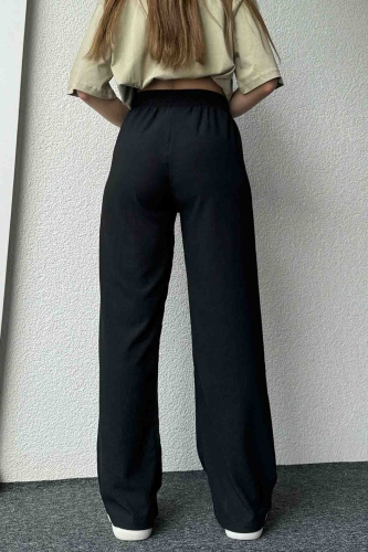PNT-07383 Siyah İpli Lastikli Bürümcük Kumaş Salaş Pantolon - 6