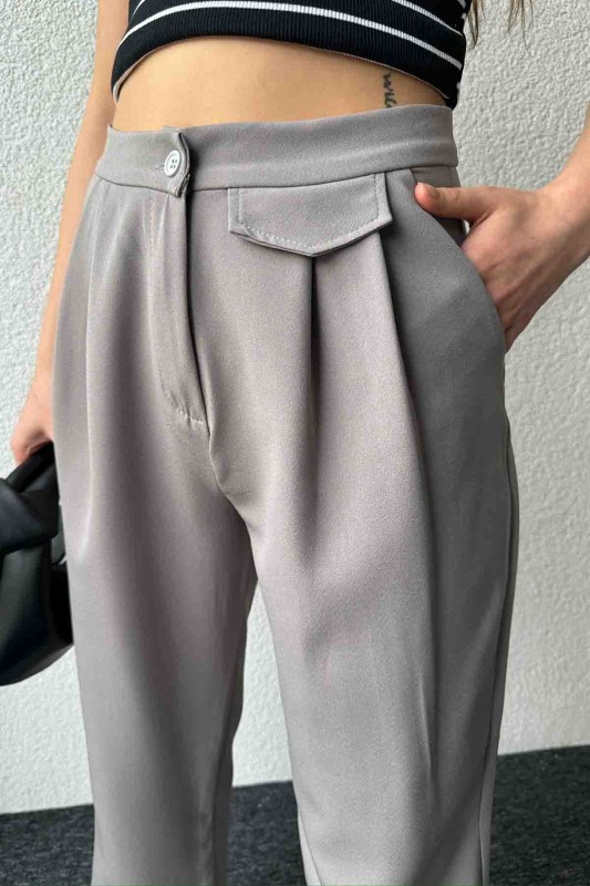 PNT-07385 Gri Bel Düğmeli Cep Detaylı Şalvar Model Kumaş Pantolon - 3