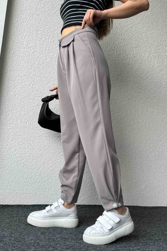 PNT-07385 Gri Bel Düğmeli Cep Detaylı Şalvar Model Kumaş Pantolon - 5