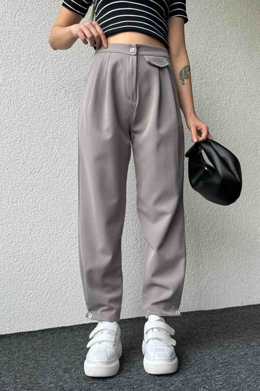 PNT-07385 Gri Bel Düğmeli Cep Detaylı Şalvar Model Kumaş Pantolon - 6