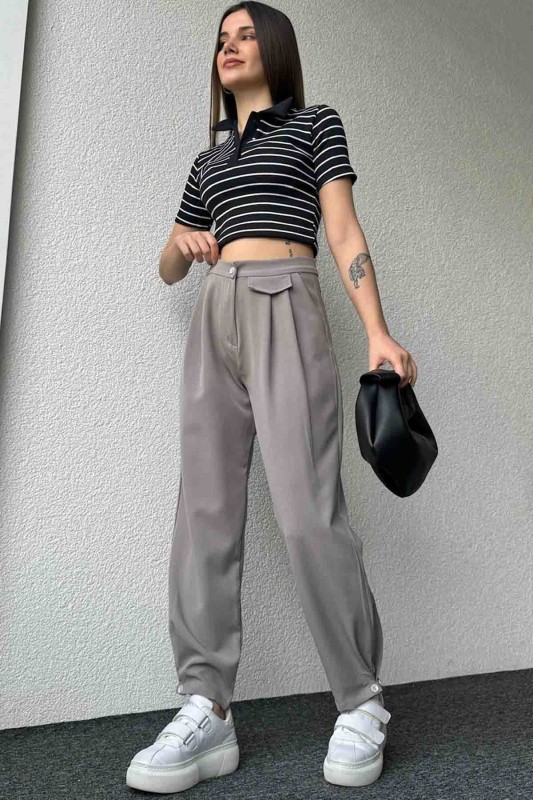 PNT-07385 Gri Bel Düğmeli Cep Detaylı Şalvar Model Kumaş Pantolon - 1