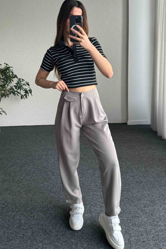 PNT-07385 Gri Bel Düğmeli Cep Detaylı Şalvar Model Kumaş Pantolon - 7