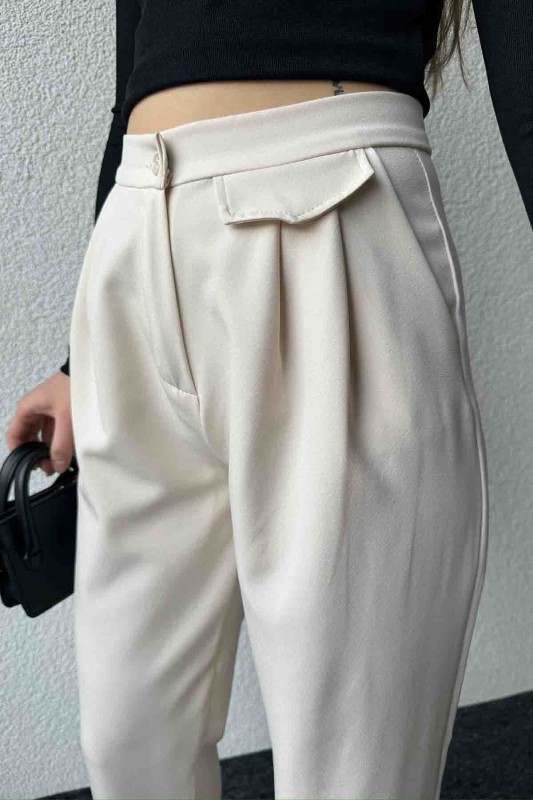 PNT-07385 Krem Rengi Bel Düğmeli Cep Detaylı Şalvar Model Kumaş Pantolon - 4