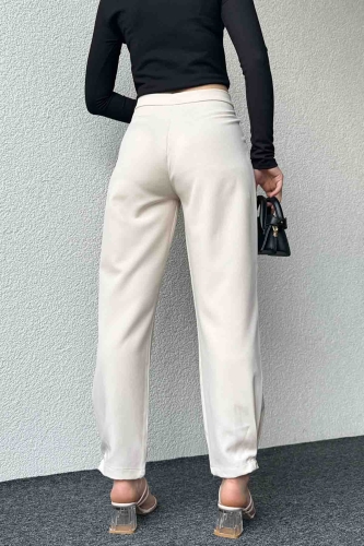 PNT-07385 Krem Rengi Bel Düğmeli Cep Detaylı Şalvar Model Kumaş Pantolon - 6