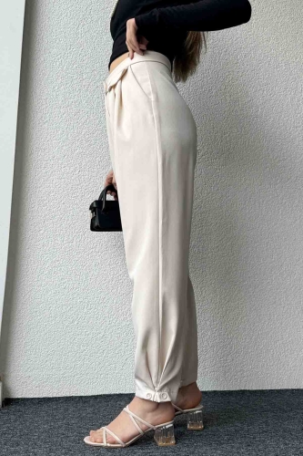 PNT-07385 Krem Rengi Bel Düğmeli Cep Detaylı Şalvar Model Kumaş Pantolon - 7