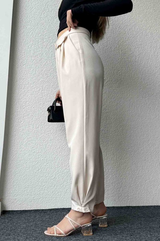 PNT-07385 Krem Rengi Bel Düğmeli Cep Detaylı Şalvar Model Kumaş Pantolon - 7