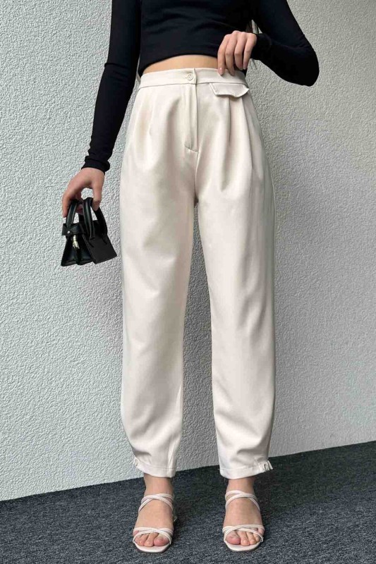 PNT-07385 Krem Rengi Bel Düğmeli Cep Detaylı Şalvar Model Kumaş Pantolon - 2