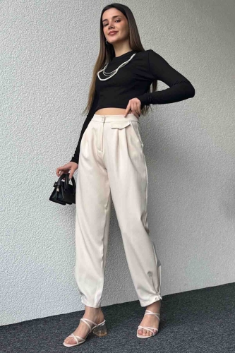 PNT-07385 Krem Rengi Bel Düğmeli Cep Detaylı Şalvar Model Kumaş Pantolon - 1