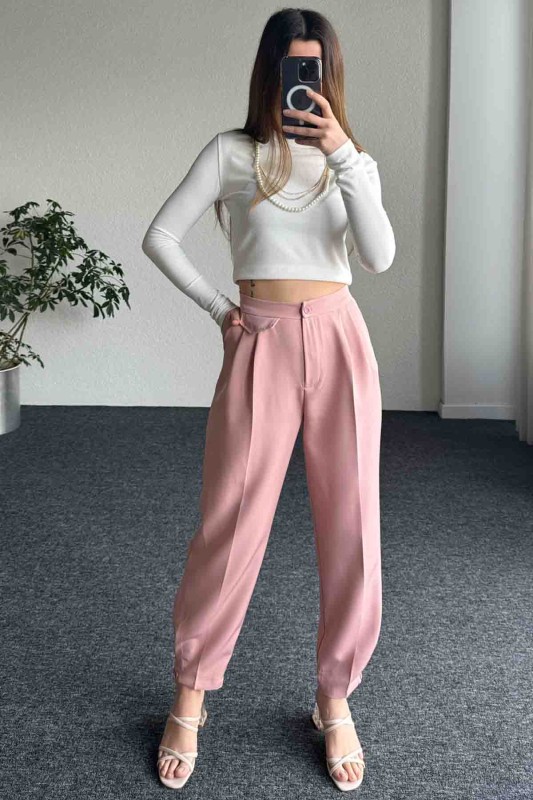 PNT-07385 Pudra Bel Düğmeli Cep Detaylı Şalvar Model Kumaş Pantolon - 4