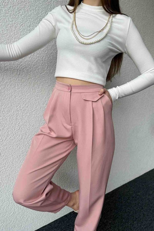 PNT-07385 Pudra Bel Düğmeli Cep Detaylı Şalvar Model Kumaş Pantolon - 3
