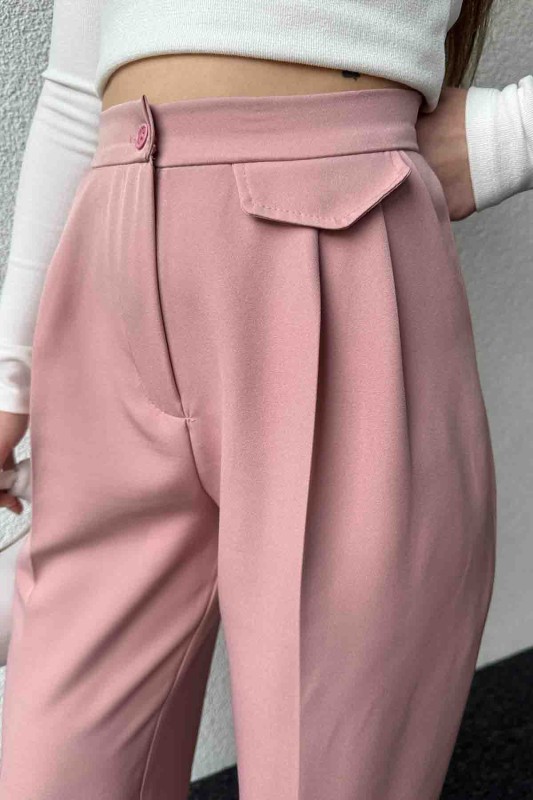 PNT-07385 Pudra Bel Düğmeli Cep Detaylı Şalvar Model Kumaş Pantolon - 6