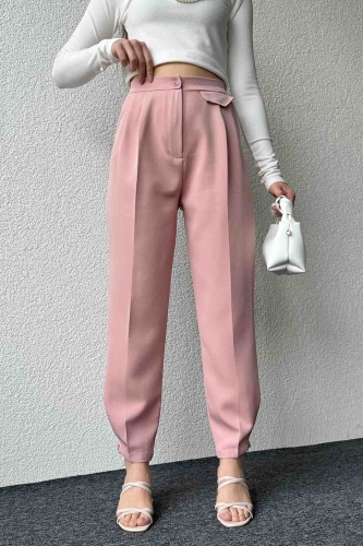 PNT-07385 Pudra Bel Düğmeli Cep Detaylı Şalvar Model Kumaş Pantolon - 2