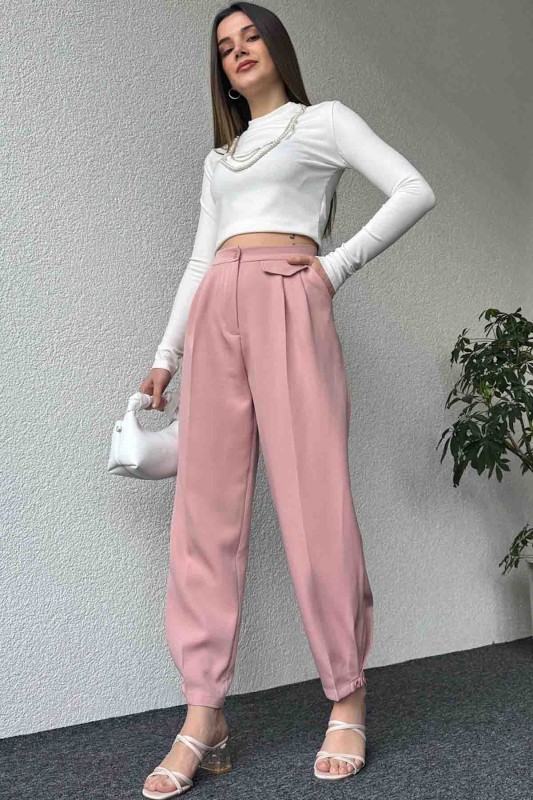 PNT-07385 Pudra Bel Düğmeli Cep Detaylı Şalvar Model Kumaş Pantolon - 1