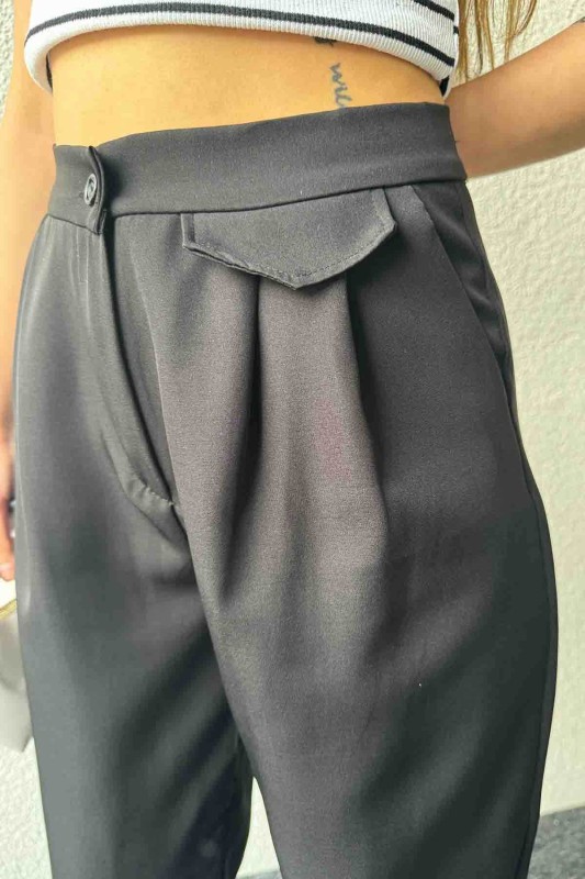 PNT-07385 Siyah Bel Düğmeli Cep Detaylı Şalvar Model Kumaş Pantolon - 4
