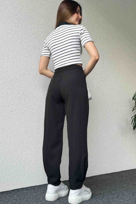 PNT-07385 Siyah Bel Düğmeli Cep Detaylı Şalvar Model Kumaş Pantolon - 7