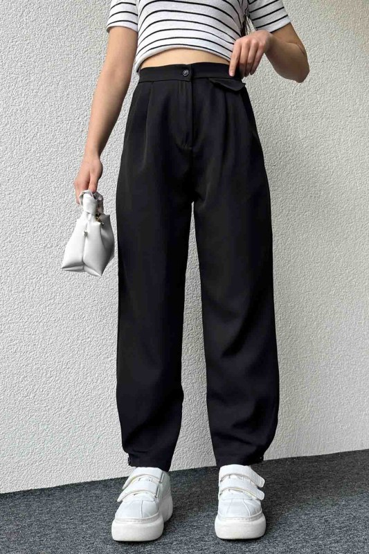 PNT-07385 Siyah Bel Düğmeli Cep Detaylı Şalvar Model Kumaş Pantolon - 2