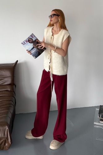 PNT-07397 Bordo Atlas Kumaş Palazzo Yüksek Bel Pantolon - 2