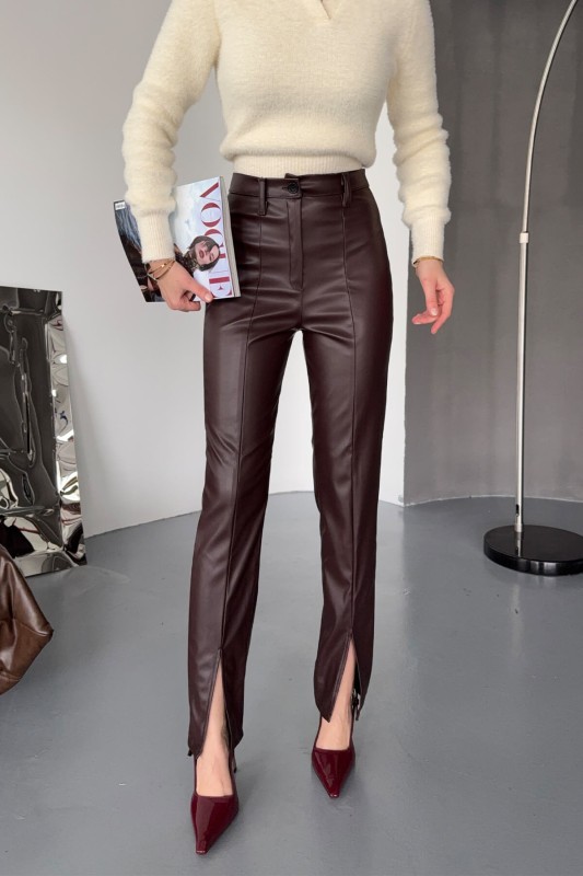 PNT-07400 Bordo Suni Deri Paça Yırtmaç Detay Havuç Model Yüksek Bel Pantolon - 1