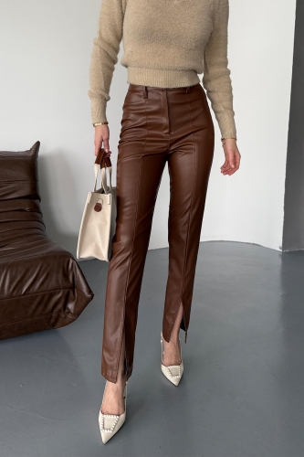 PNT-07400 Taba Suni Deri Paça Yırtmaç Detay Havuç Model Yüksek Bel Pantolon 