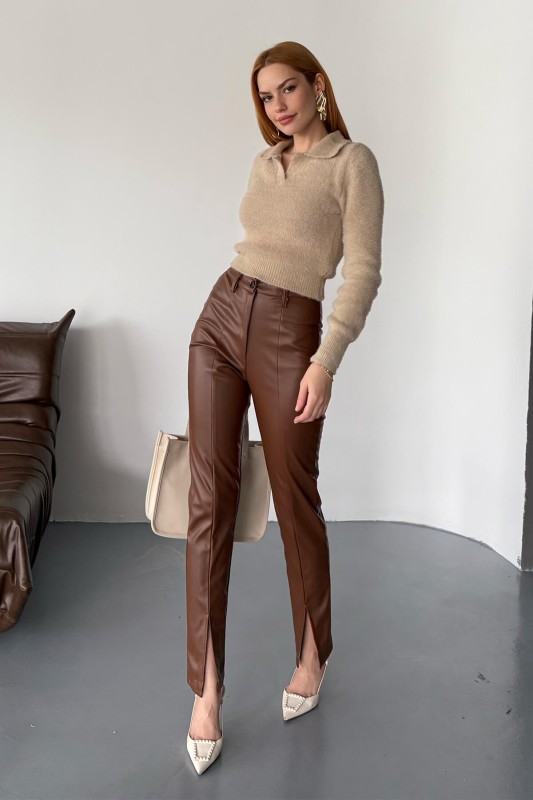 PNT-07400 Taba Suni Deri Paça Yırtmaç Detay Havuç Model Yüksek Bel Pantolon - 3